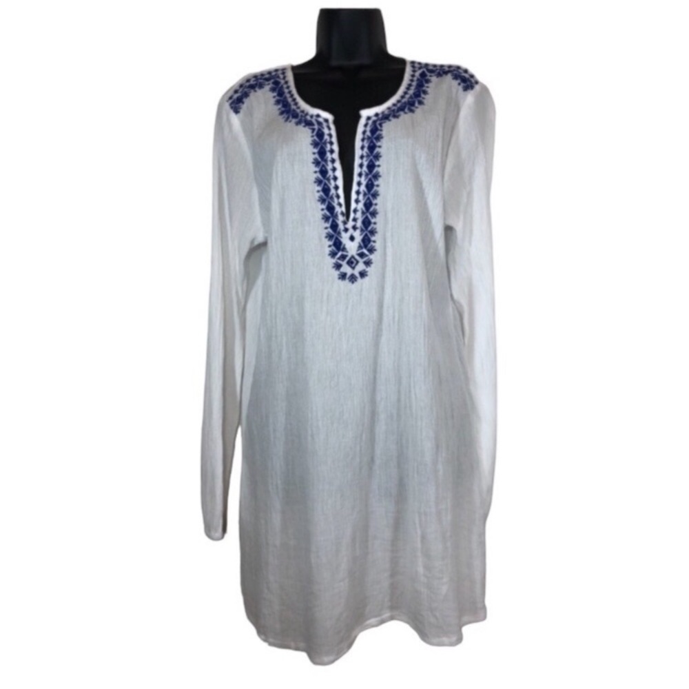 La Blanca Swim Cover up Women’s Sz Med Blue embroidery on White Crinkle